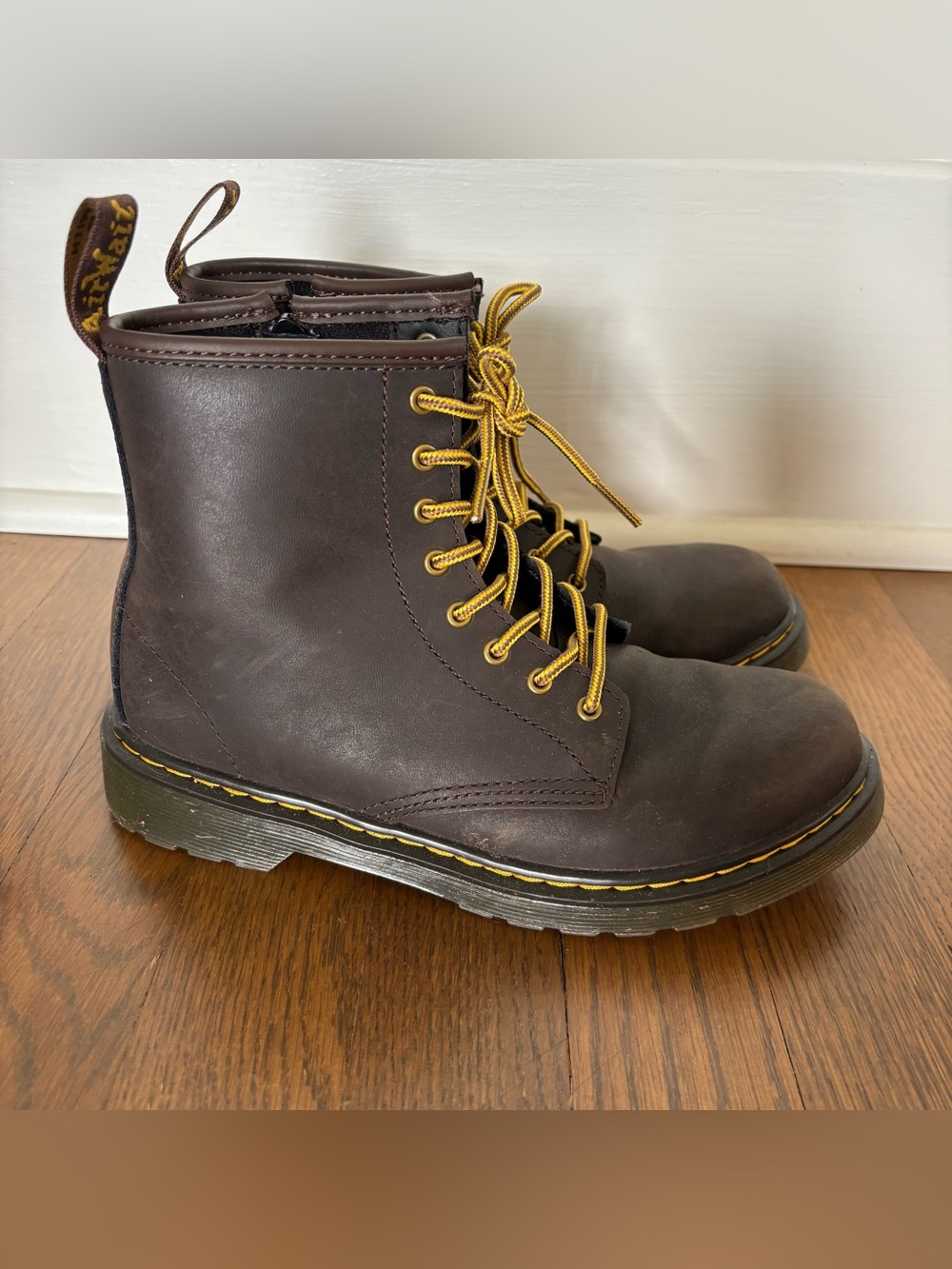Dr. Martens Brown Kids Lace-Up Boots with Yellow Laces